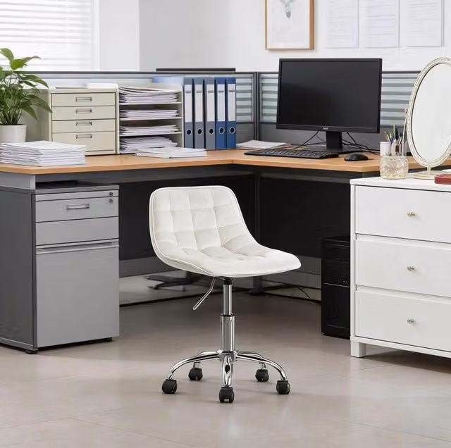 Sedia da Ufficio in Velluto Crema con Schienale Curvo e Altezza Regolabile 40-47,5 cm