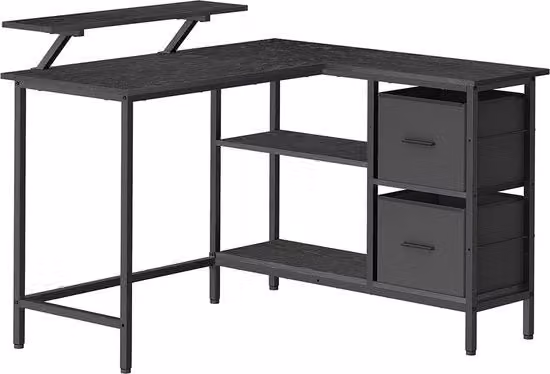 Scrivania a L, 2 ampie ripiani, tavolo da computer con supporto per monitor, scrivania angolare, tavolo da gaming con tavolo regolabile, 115 x 105 cm, legno di ebano, nero