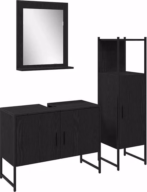 Set di mobili per il Bagno | Armadio da bagno 3 pz Nero Legno multistrato