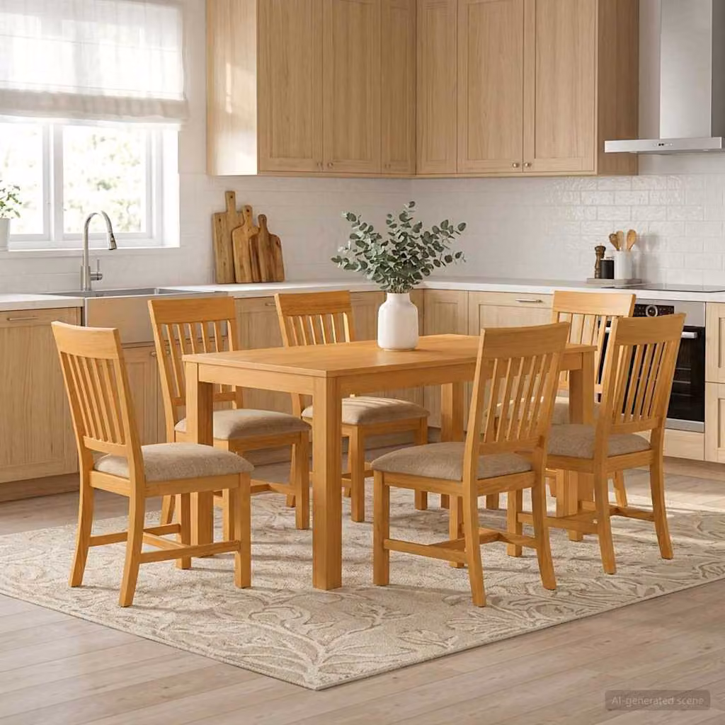 Set da pranzo vidaXL in legno di quercia massello beige composto da 7 pezzi con tavolo rettangolare L: 150 cm, P: 110 cm, H: 75 cm e 6 sedie