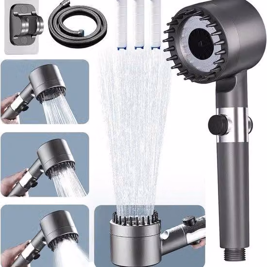 Doccia - Soffioni doccia ad alta pressione - Soffione doccia a spruzzo - Soffione doccia con filtro per l'acqua - Doccia portatile a 4 getti con pulsante di pausa - Tubo doccia da 1,5 metri e supporto per soffione - Soffione doccia grande - Grigio