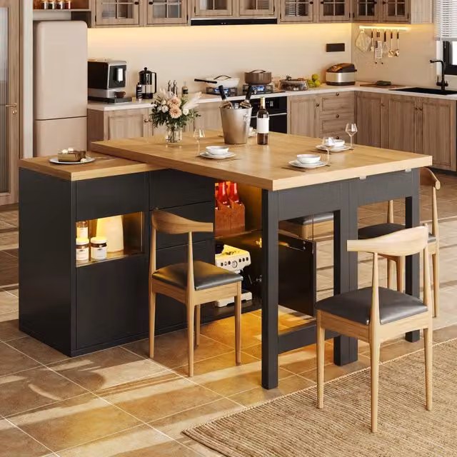 Tavolo da pranzo girevole con 4 cassetti e ante in vetro, LED multicolore per cucina, nero opaco, 120 × 40 × 73,8 cm