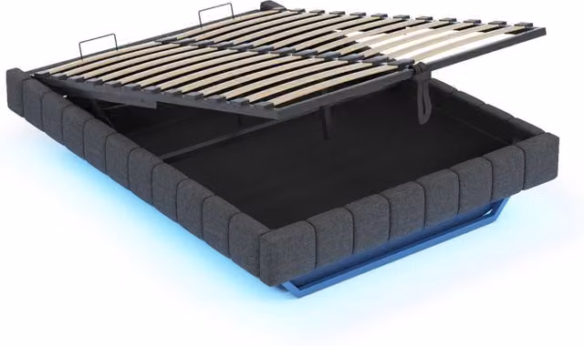 Letto imbottito 160x200 cm con contenitore a pistone, struttura sospesa con luce LED, senza testiera, tessuto lino grigio