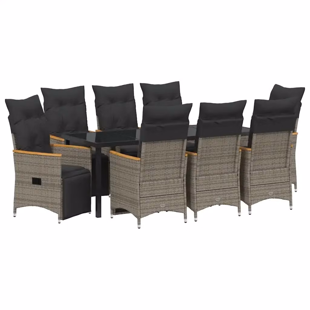 Set da pranzo moderno per giardino e terrazzo vidaXL in polyrattan e legno di acacia con piano in vetro, 9 pezzi, Grigio e Marrone – 2