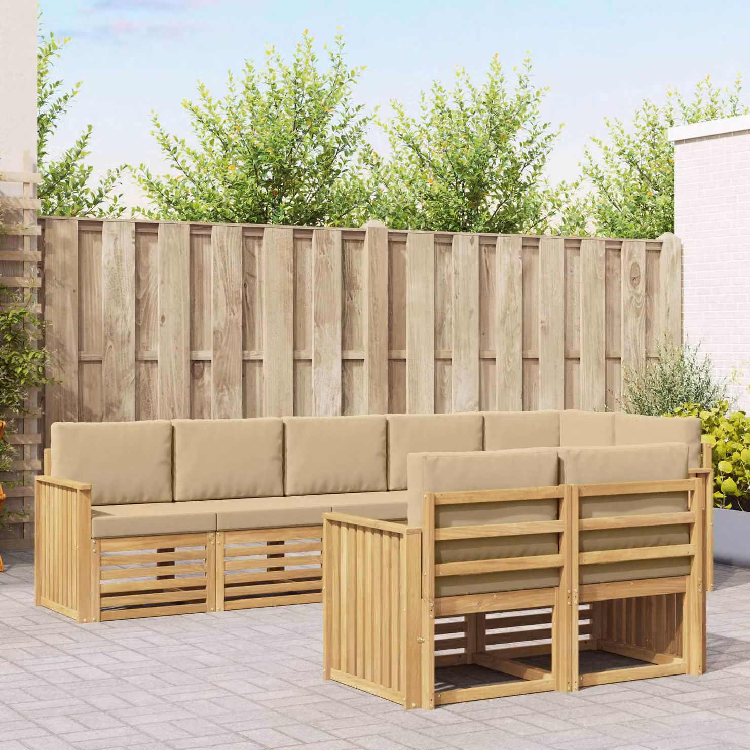 Set di divani da esterno vidaXL a forma di L composto da 8 pezzi in legno di acacia e poliestere bianco e beige con cuscini inclusi