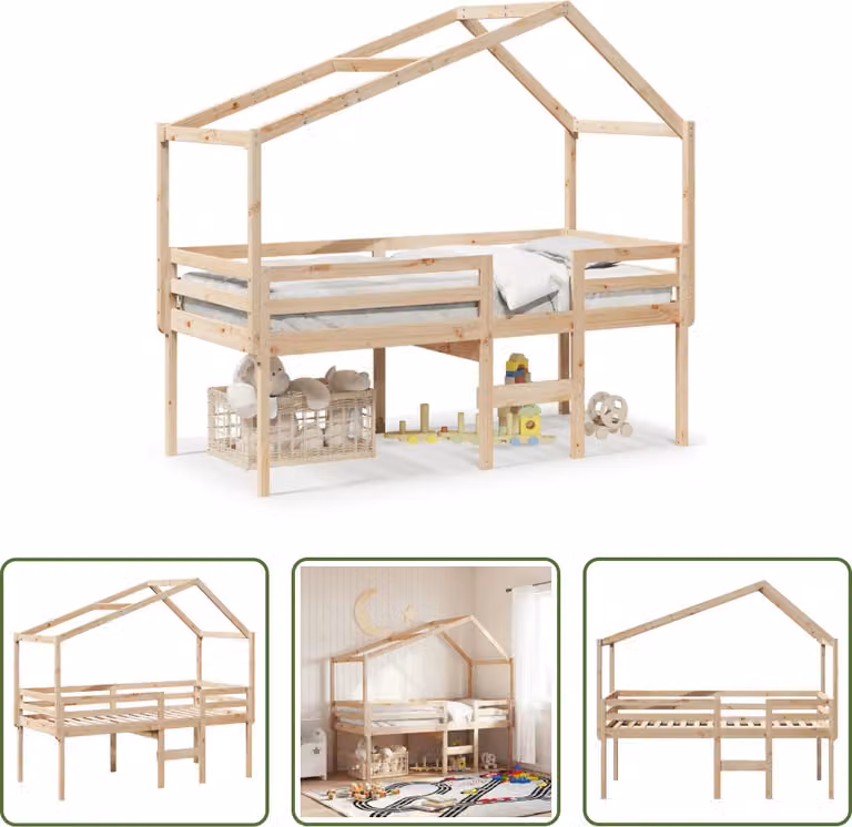 The Living Store Letto a soppalco con tetto 90x190 cm in legno di pino massiccio
