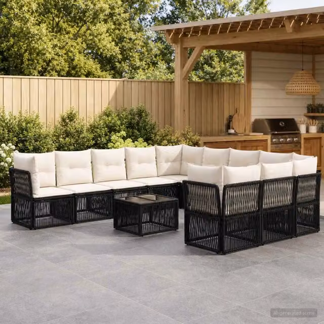 Set Divano da Giardino a Forma di U vidaXL Nero con Tavolino e Cuscini in Polyrattan e Acciaio