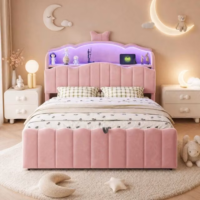 Letto per bambini 140 × 200 cm con contenitore idraulico, LED colorati, USB e USB-C, senza materasso, rosa