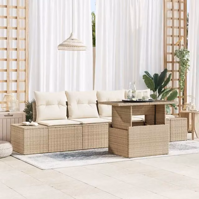 Set Divano da Giardino 5 Pezzi vidaXL in Rattan e Acciaio con Cuscini Beige e Bianco