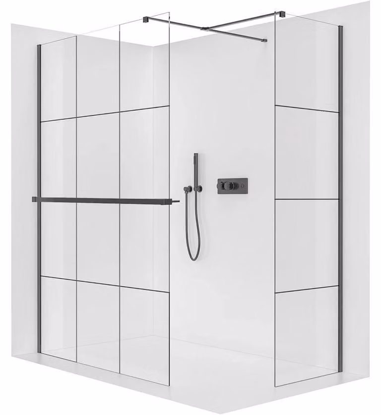 Pannello doccia walk-in Onyx T, destro/sinistro - 8 mm - profilo squadrato + ripiano/portasciugamani - nero opaco, vetro industriale - 140x90x200 cm