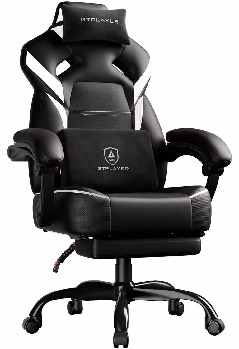 Sedia da gaming - Sedia da ufficio ergonomica - Con poggiapiedi - Portata massima di 200 kg - Regolabile in altezza con braccioli - Cuscini lombari e poggiatesta - Girevole - Bianco e nero