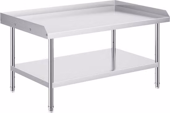 Piano di lavoro in acciaio, dimensioni 30 x 48 x 26 cm, robusto, ideale per cucine professionali, con schienale su tre lati, regolabile in altezza, adatto per ristoranti, abitazioni e hotel.