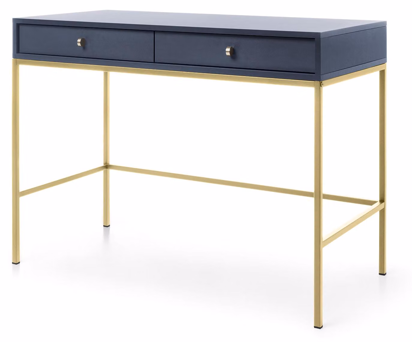 Comò da trucco con due cassetti, color blu navy, maniglie dorate