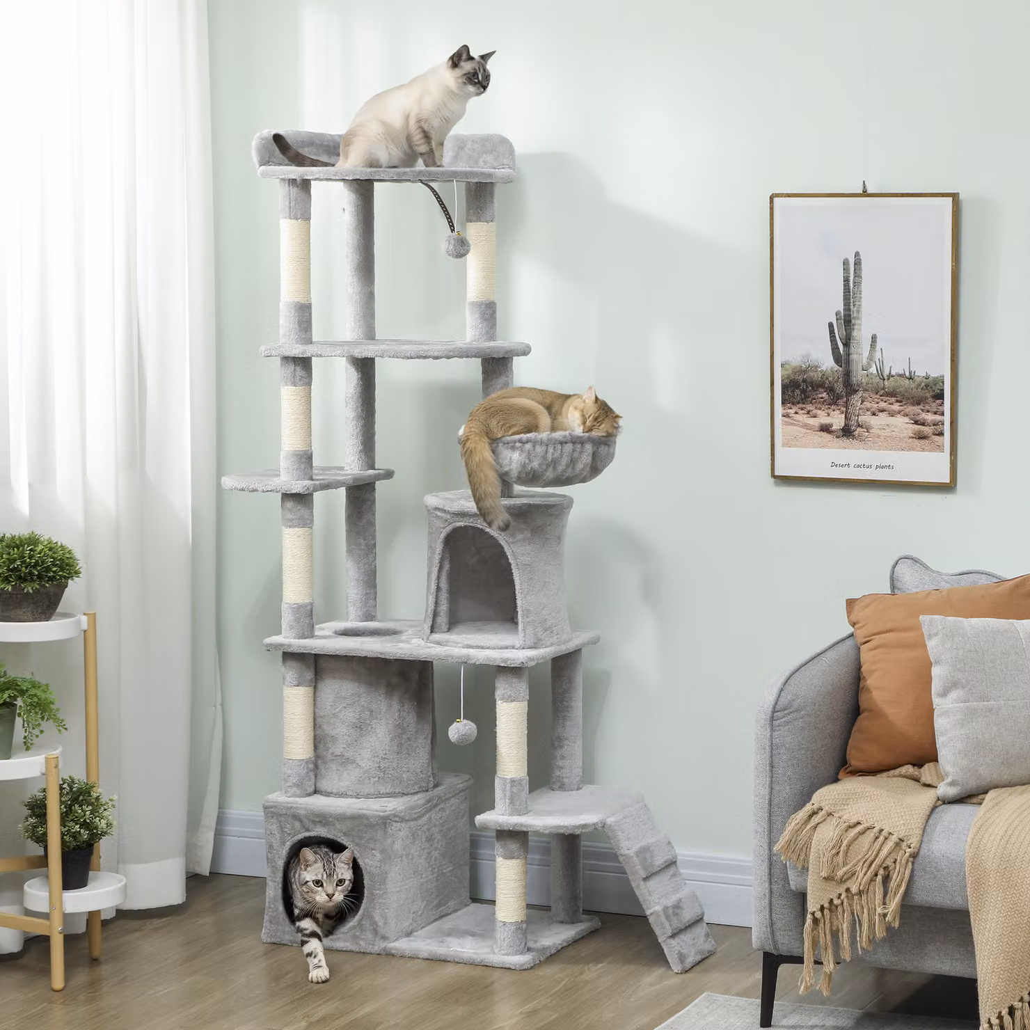 Albero Tiragraffi per Gatti PawHut con 2 Casette, Amaca e Pali in Sisal, Grigio, L 60 x P 40 x H 170 cm – 2