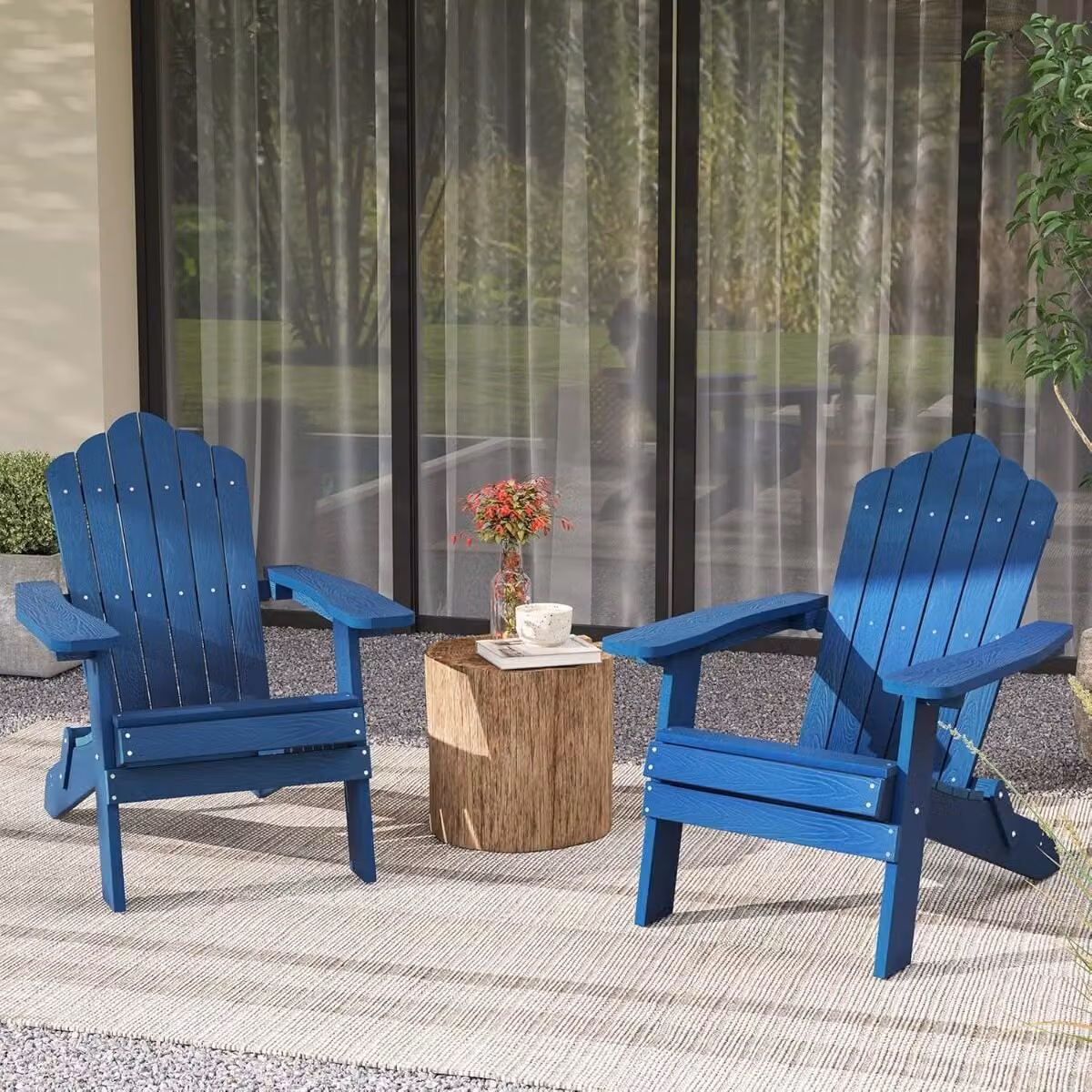 Set di 2 sedie Adirondack pieghevoli Costway in acciaio inossidabile e materiale sintetico resistente alle intemperie con braccioli larghi, colore blu scuro