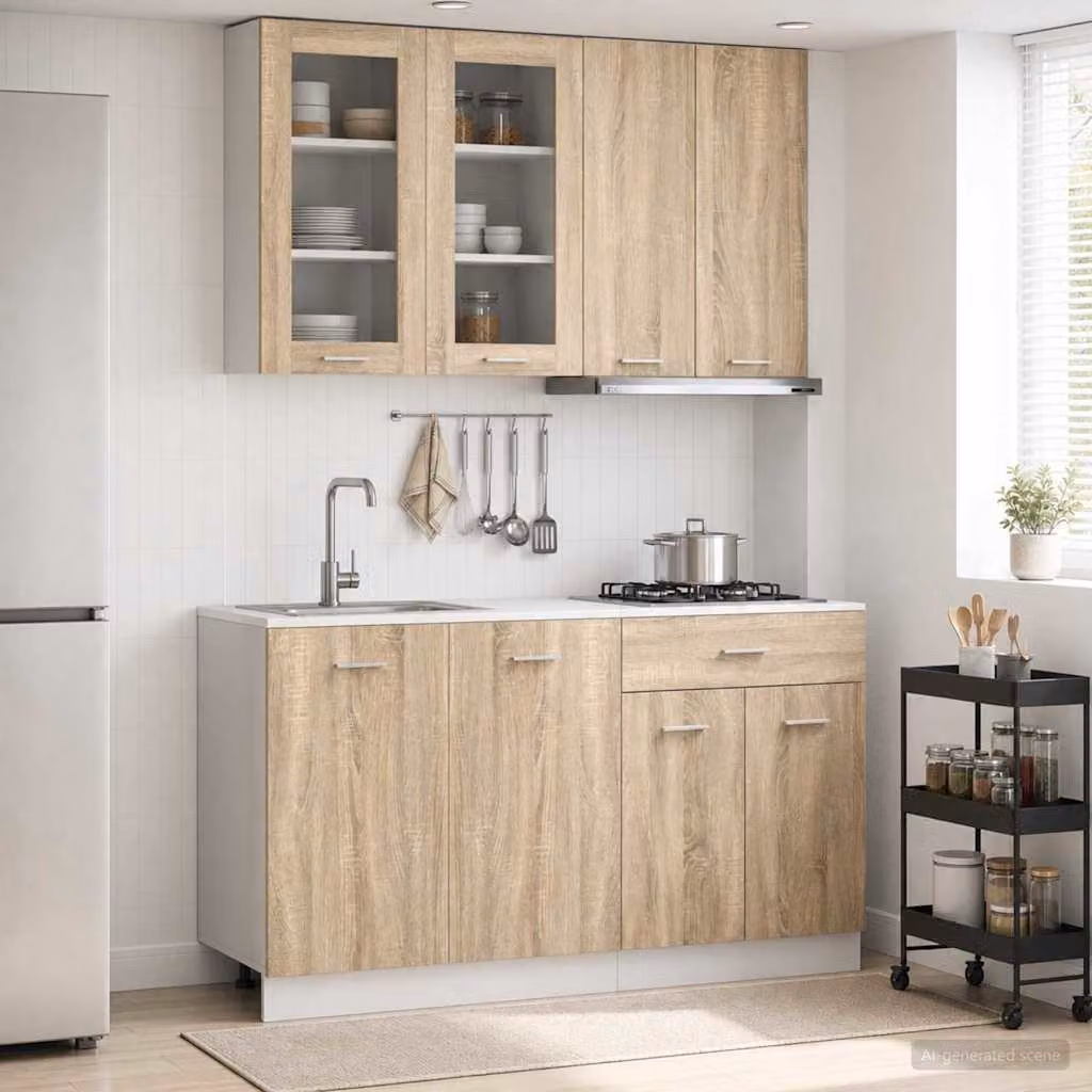 Unità cucina moderna vidaXL LYON in 4 pezzi color marrone con ante in vetro e ripiani aperti in legno ingegnerizzato e MDF
