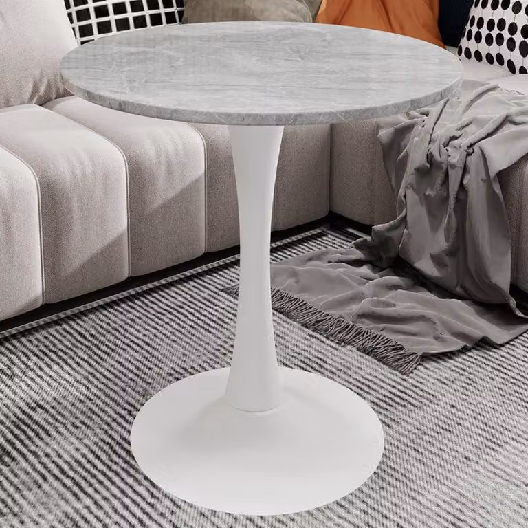 Tavolino rotondo – Versatile tavolino da caffè e tavolino laterale con piano in materiale simile al marmo e gambe grigio chiaro
