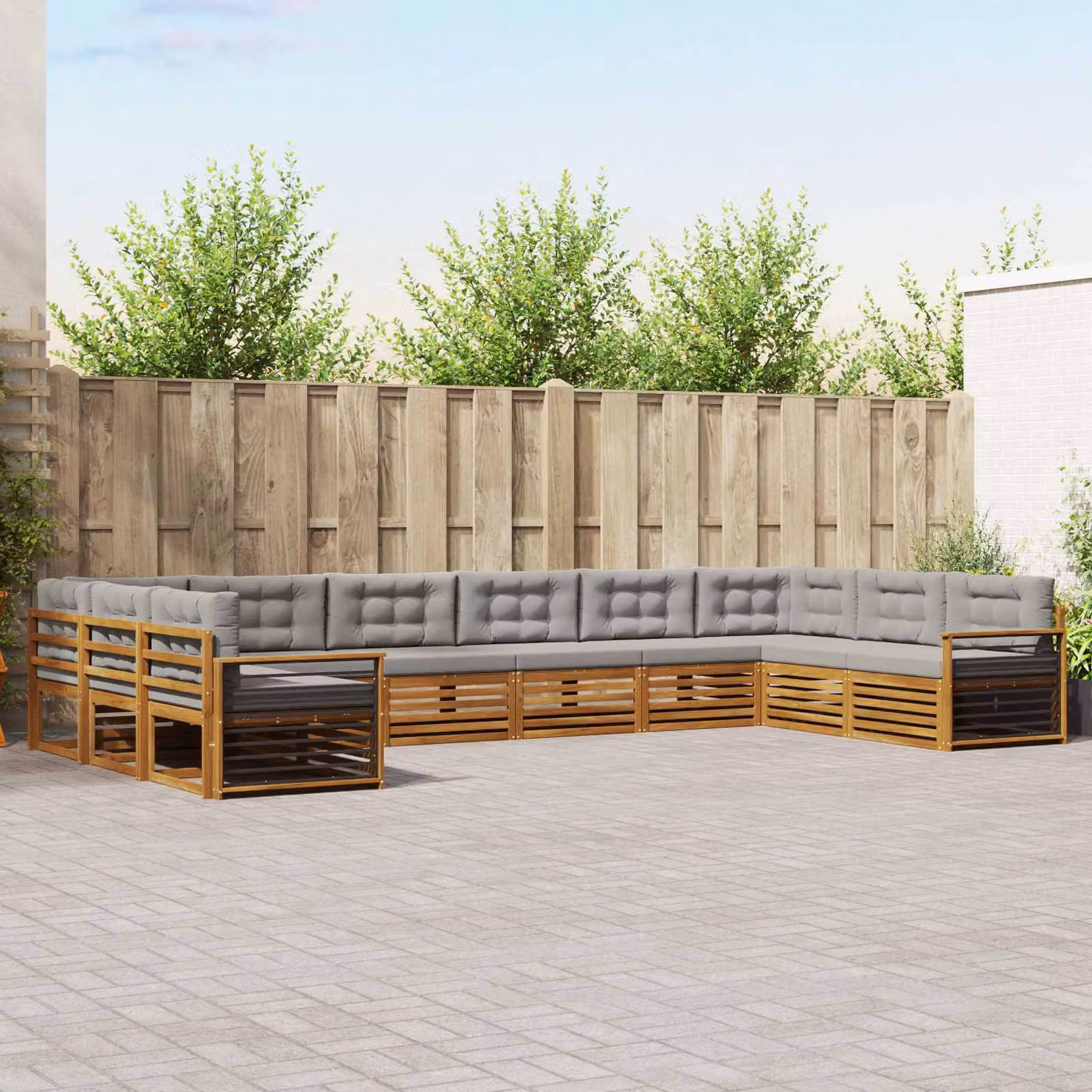 Set di divani da giardino vidaXL a forma di L con struttura in legno di acacia e cuscini inclusi, colore grigio e marrone