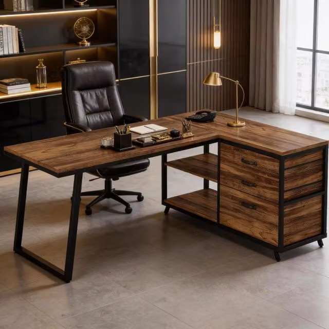 Scrivania angolare ULEVR reversibile 134x50 cm con 3 cassetti e 2 ripiani, marrone rustico e nero
