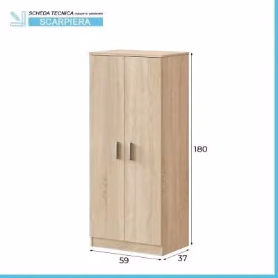 Mobile scarpiera moderna in legno rovere beige con ante a battente e ripiani interni, H 180 cm, L 59 cm, P 37 cm – 2