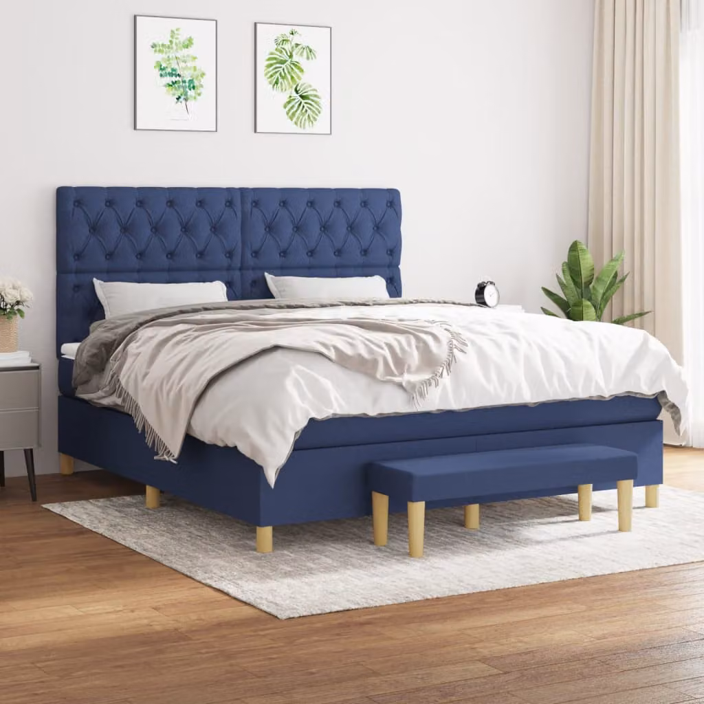 vidaXL Giroletto a Molle Ibrido con Materasso in Tessuto Blu e Bianco L/P/H: 160 x 200 x 128 cm – 1