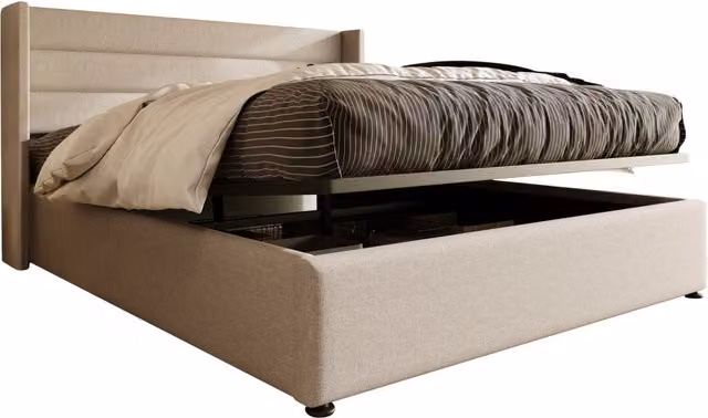 Letto Matrimoniale Contenitore 160x200 cm in Lino Beige con Rete a Doghe e Sollevamento Idraulico