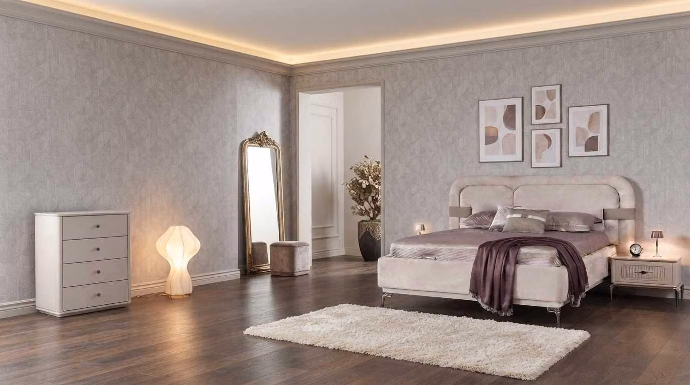 Comodino da notte doppio, beige, moderno, set per camera da letto