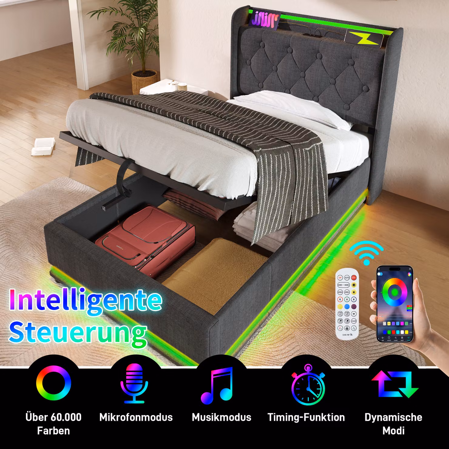 Letto imbottito STILVORA 90×200 cm con contenitore e funzione LED a 360° (pulsante/app/telecomando), letto per ragazzi con testiera imbottita e funzione di ricarica USB Type-C, grigio (senza materasso)