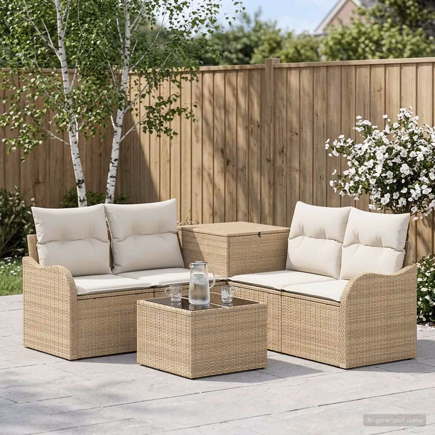 Set di divani da giardino vidaXL a forma di U composto da 6 pezzi con tavolino da caffè, colore beige e bianco crema, struttura in metallo e cuscini inclusi
