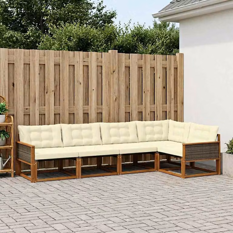 Set di divani da esterno vidaXL a forma di L composto da 5 pezzi in legno di acacia e tessuto textilene, colore beige e marrone con cuscini inclusi