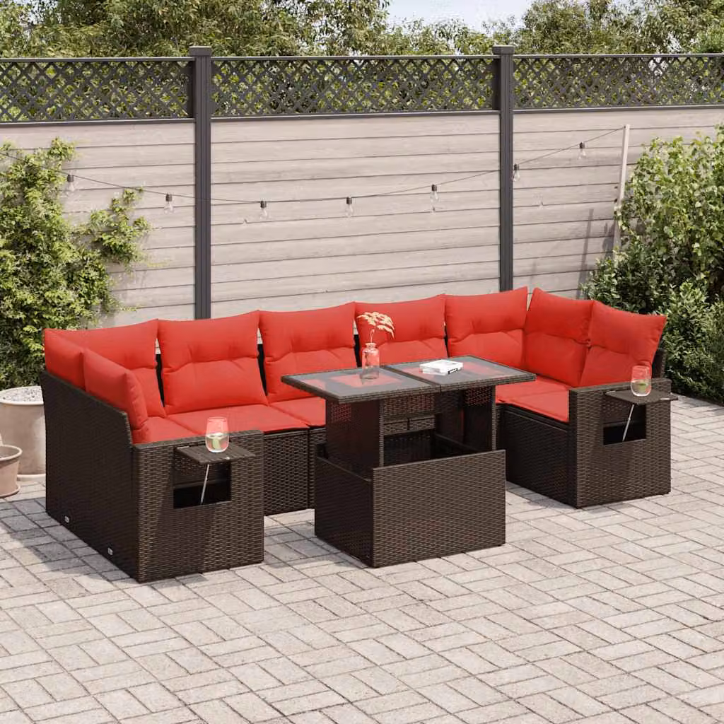 Set Divano da Giardino a L vidaXL 8pz in Polyrattan Marrone con Cuscini e Tavolino da Caffè