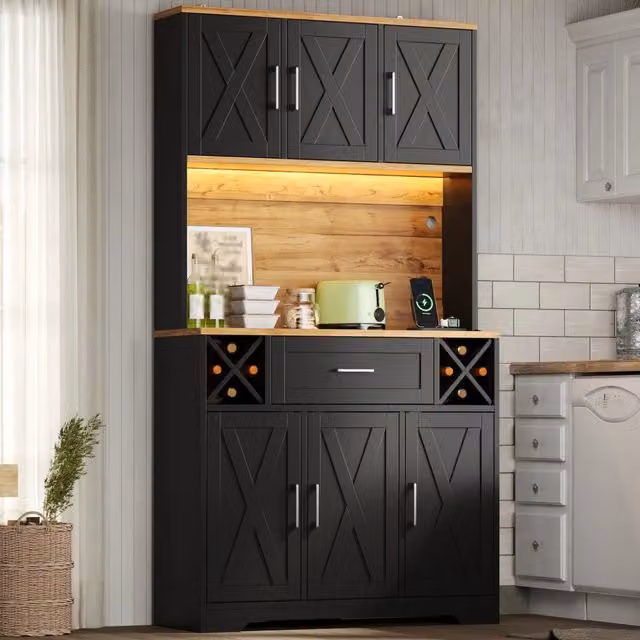 Armadio da cucina con illuminazione LED, cantinetta e vetrina. Mobile dispensa alto 180x105x40 cm per soggiorno e sala da pranzo