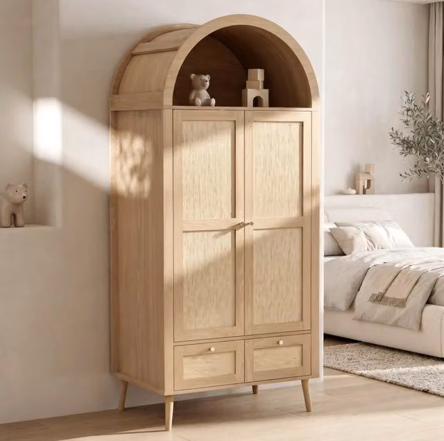 Armadio 80x55x180 cm con 2 ante, 2 cassetti, asta appendiabiti e ripiano aperto in MDF rovere
