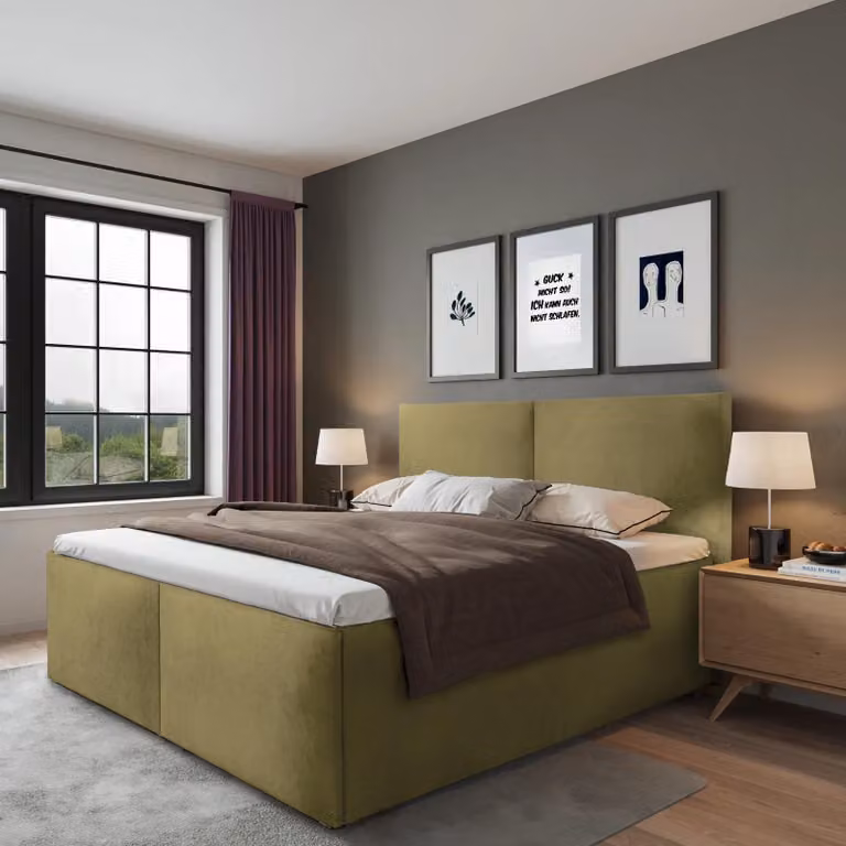 Letto imbottito Milano giallo curry 200 x 200 x 40 cm Vano contenitore Con materasso di alta qualità H3 (fino a 120 kg) e rete a doghe