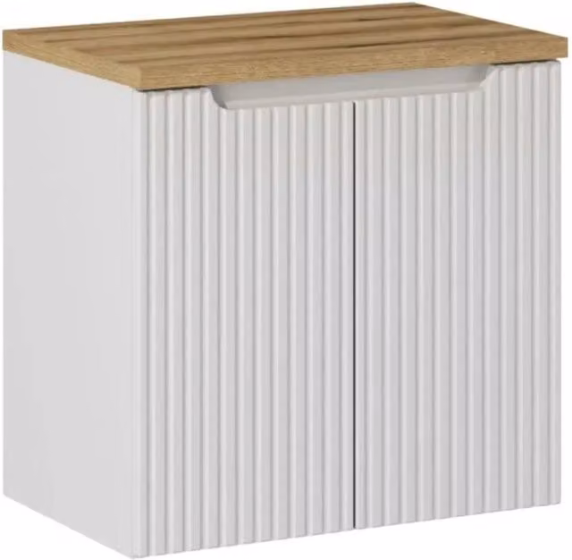 Set bagno sospeso VANO bianco 60cm: mobile sotto lavabo con ante + piano per lavabo effetto rovere chiaro