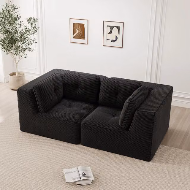 Divano Angolare Modulare 2 Posti ¨C MINIMAL ¨C Velluto a Coste Nero