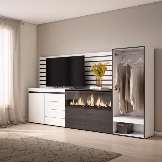 Armadio Aperto con Cassettiera e Ripiani SKRAUT HOME Bianco e Nero L: 274 cm, P: 35 cm, H: 145 cm