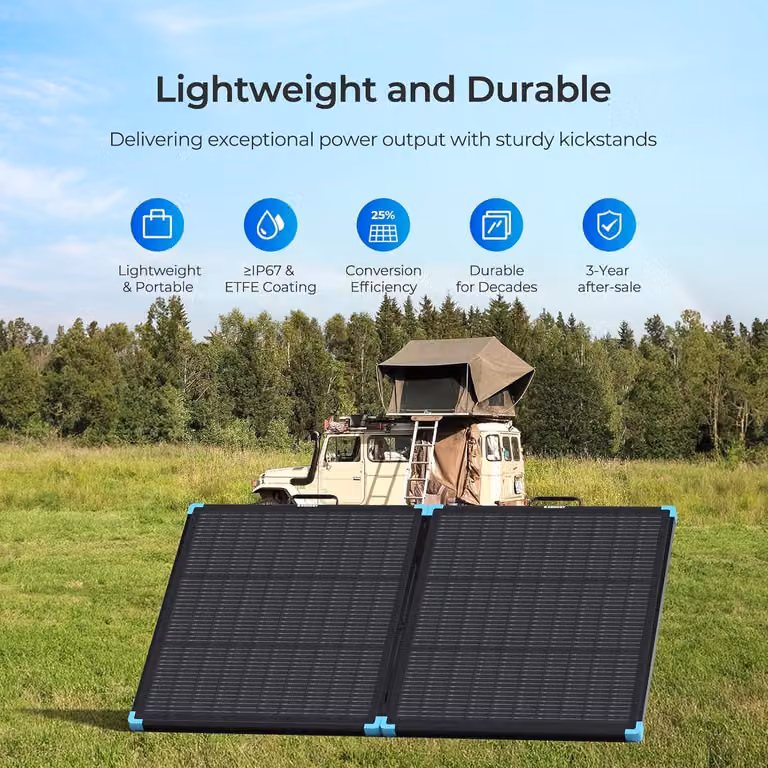 Pannelli solari, sistema solare portatile leggero da 100W, pannello pieghevole ad alta efficienza del 25% di tipo N, dimensioni 24,64x20,62, facile da installare con supporti, grado di protezione IP67 contro l'acqua