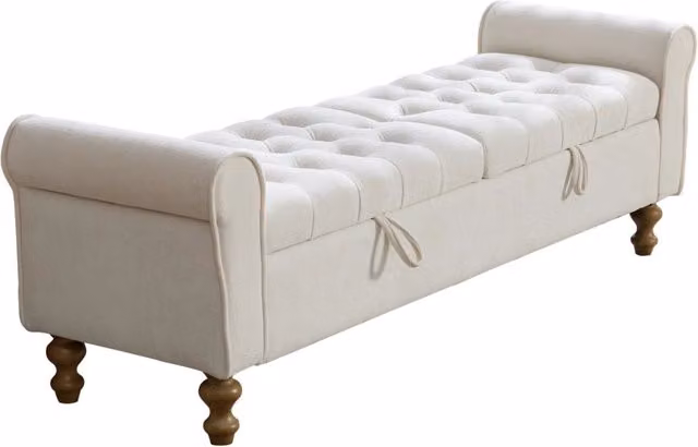 Panca contenitore con due coperchi apribili e maniglie in tessuto, per camera e ingresso, in ciniglia beige