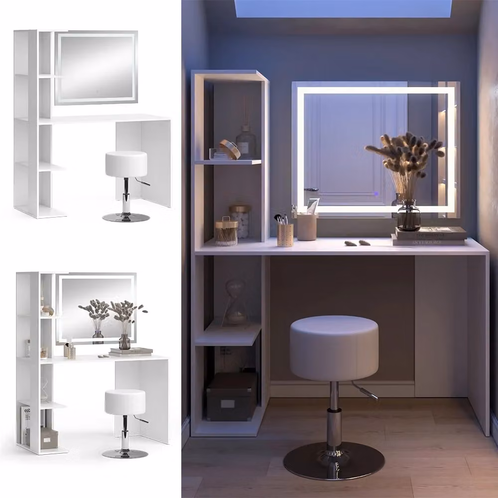 Tavolo da toilette Tower Vicco bianco con illuminazione LED e sgabello L: 122.2 cm – 2