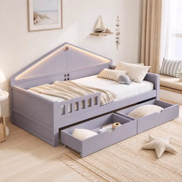Letto singolo 90x200 cm con LED e cassetti in legno e MDF grigio