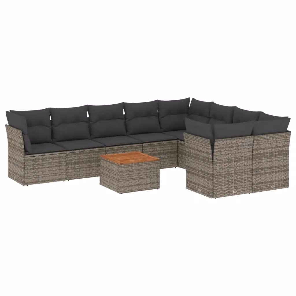 Set Divano da Giardino vidaXL 10 pz a Forma a L con Cuscini e Tavolino da Esterno in Polyrattan e Legno di Acacia, Grigio e Marrone – 2