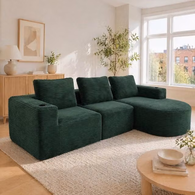 Divano 258 x 171 x 62,5 cm verde retrò, 3 cuscini e 2 portabicchieri, poliestere imbottito