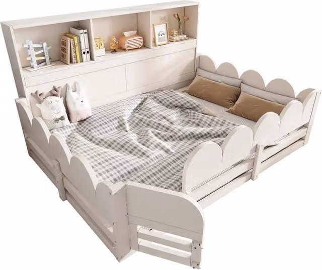 Letto per bambini 140x190 cm con sponde; porta e 3 vani; in legno di pino; bianco