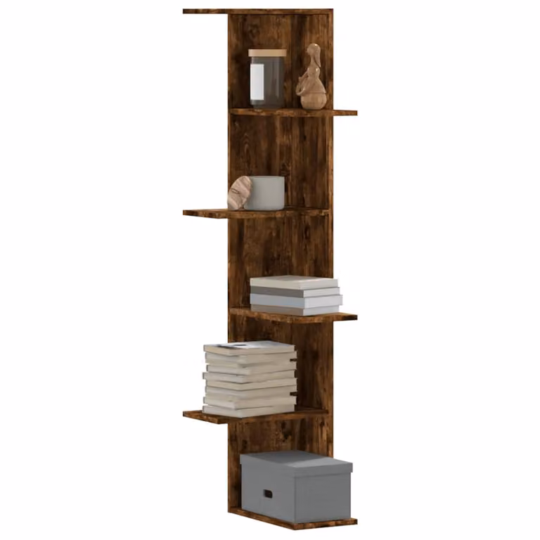 Scaffale Angolare da Muro vidaXL in Rovere Fumo, Design Moderno con Pannello Posteriore, L/P/H: 36,5 x 36,5 x 140 cm