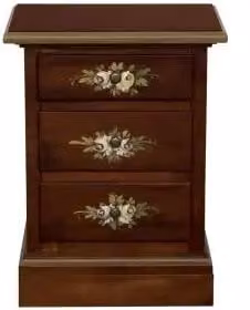 Comodino KIVIO in legno stile arte povera con 3 cassetti, decorazione floreale fatta a mano con dettagli oro, colore noce scuro