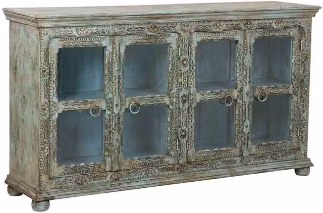 Credenza Wanderlust Deco in legno di mango verde e oro con dettagli in vetro, stile boho, L: 180 cm, P: 43 cm, H: 100 cm