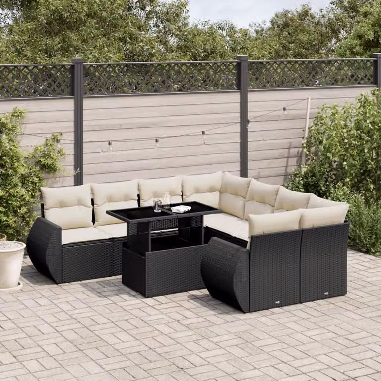 Set di divani da giardino vidaXL a forma di L composto da 9 pezzi con cuscini in polyrattan nero e bianco
