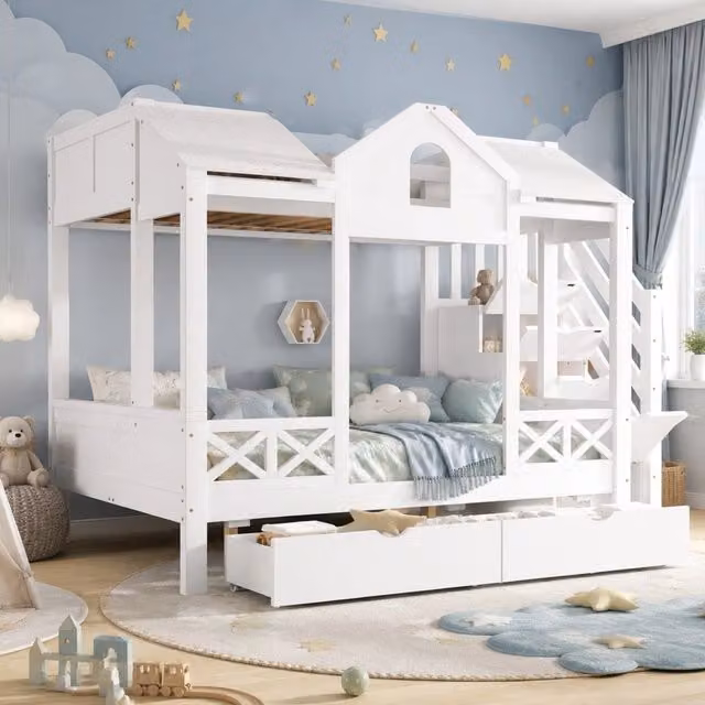 Letto a castello per bambini con 2 cassetti; scala con 4 vani e tetto; 90x200 / 140x200 cm; bianco