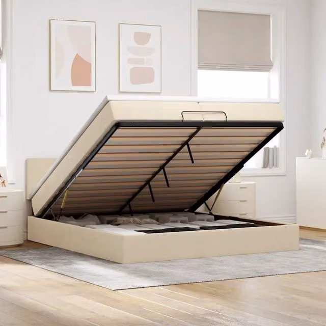 Letto con contenitore a sollevamento vidaXL in tessuto beige e bianco con porta USB e illuminazione sottostante L/P/H: 200 x 200 x 280 cm